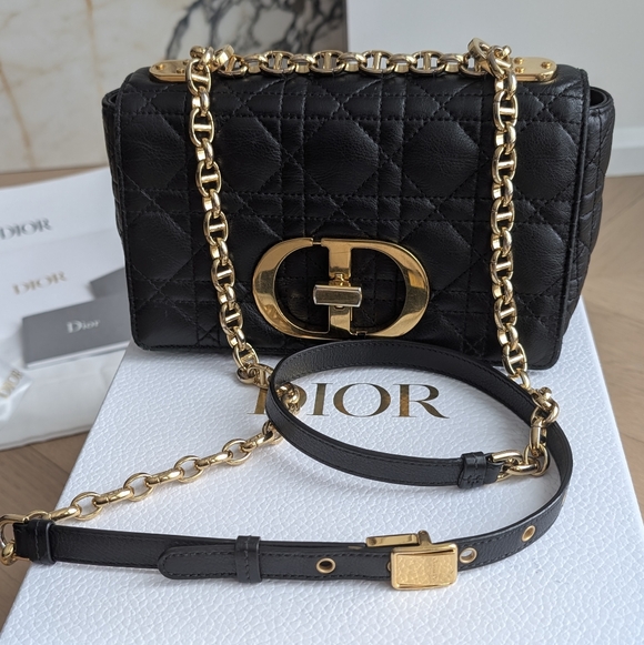 Dior Handbags - Dior Caro Small Black and Gold Quilted Chain Bag